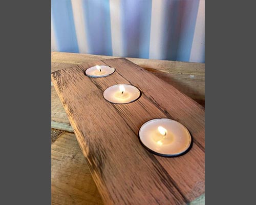 Oak whiskey barrel tee light holder